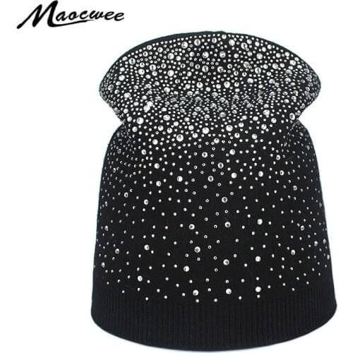 Women Winter Beanie Hat Female Luxurious Rhinestone Knit Hats Skullies for Teenage Girl Diamonds Beanies Elegant Ladies Hat 2018