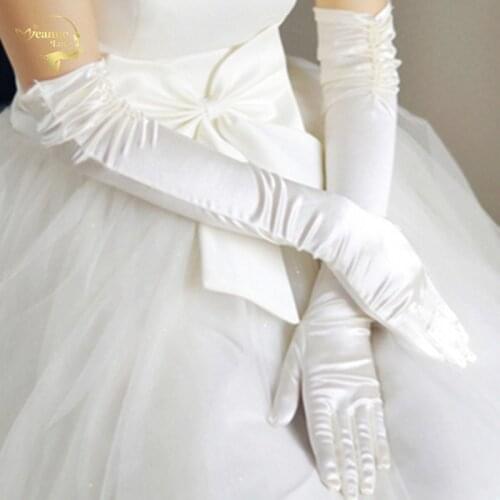 Elbow Length Top Quality Beaded Long Woman Wedding Gloves Bridal Finger White Black Dance Gloves Satin Gants de mariage G003