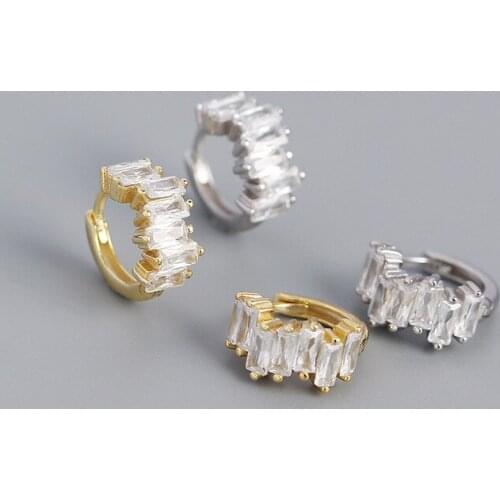 Fashion Pave Rectangular Geometric Crystal Zircon Small Hoop Earrings for Women Genuine 100% 925 Sterling Silver Jewelry