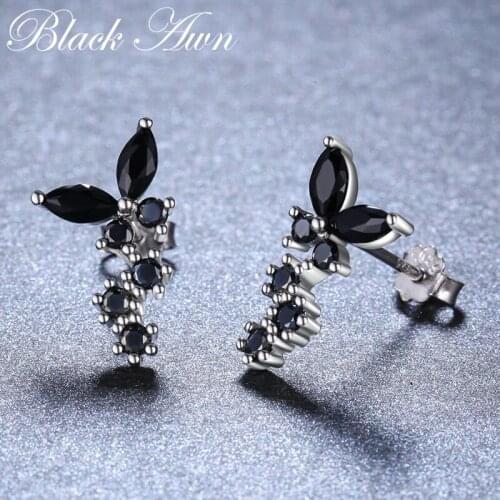 New Arrival 100% Genuine 925 Sterling Silver Jewelry Black Spinel Stone Cute Party Stud Earrings for Women Bijoux Femme I100