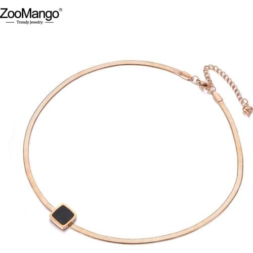 ZooMango Bohemia Titanium Stainless Steel Jewelry For Women Rose Gold Square Black Acrylic Snake Chain Thin Necklace ZN18067