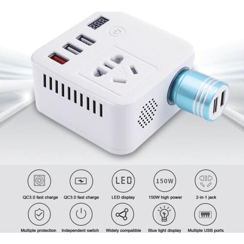 150W Car Power Inverter 12V to 220V Digital Converter Converter Adapter Modified Sine Wave QC 3.0 USB Charger Fast Charging