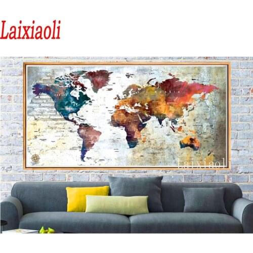 Large abstract world travel map diy diamond embroidery full square round diamond painting needlework home decoration 5d mosaic