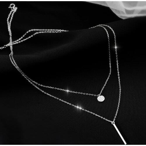 925 Sterling Silver Simple Round CZ Necklace Double Layer Long Strip Pendant Geometric For Women Gift Fine Jewelry Accessories