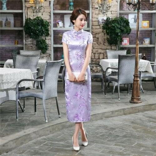 Chinese Traditional Long Cheongsam Women Silk Satin Maxi Dress Party Qipao S-6XL