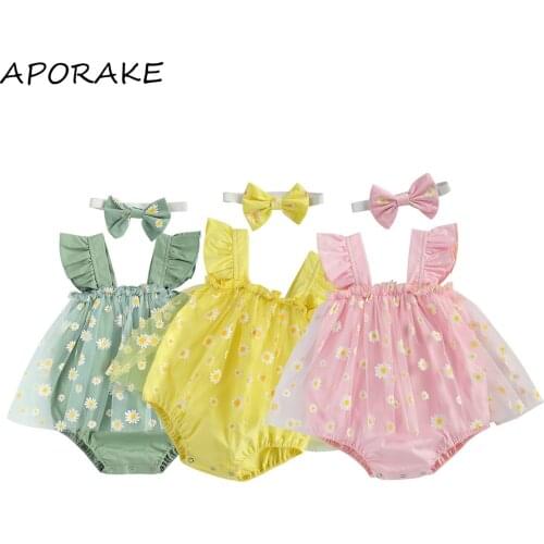 2021 0-18M Princess Toddler Baby Flower Printing Tulle Romper Infant Girls Square Collar Sleeveles Playsuit Skirt+Headband 2pcs