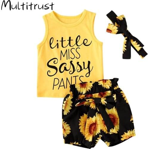 3Pcs Summer 2020 Girls Clothes Set Toddler Fashion Letter Print Vest+Floral Shorts+Headband Kids Girls Clothing Sets Ropa Nina