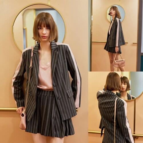 England Style Young Girl Suits Pink Patchwork Notche Lapel Stripe Blazer & Pleated Skirt Casual Daily Custom Made Jacket