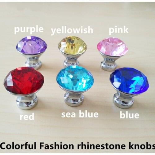 Colorful fashion rhinestone drawer cabinet knobs pulls yellow red pink sea blue glass crystal dresser knobs silver chrome modern