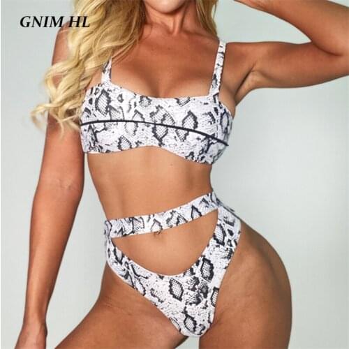 GNIM Bandage Bikini Swimwear Women Push Up 2020 Summer Snake Print High Waist Swimsuit Female Two Pieces Hollow Out Bathing Suit