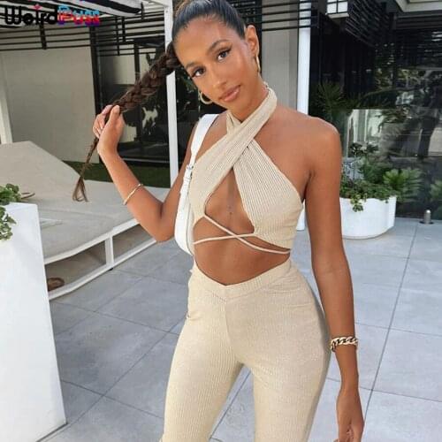 Weird Puss Elegant Chic Women 2piece Set Halter Sexy Bandage y2k Top+Straight Pants Ribd Skinny Vacation Matching Street Outfits