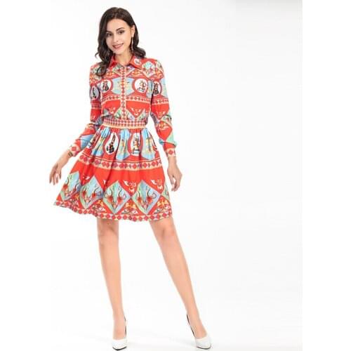 MIUXIMAO 2021 New Autumn Womens Sets Lapel Printing Geometric Shirt + Short Skirt Two Piece Suit Fashion Elegance