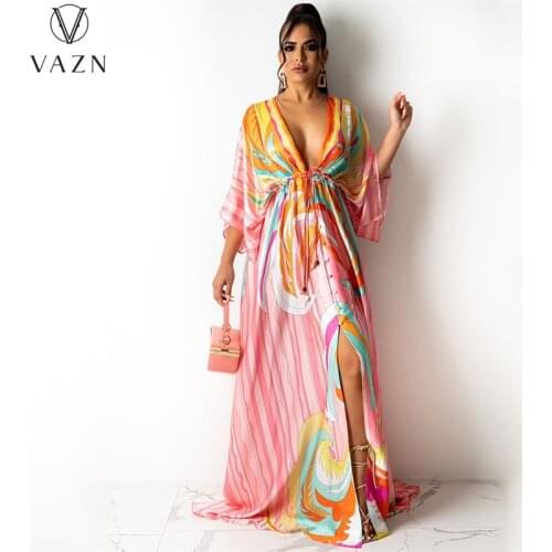 VAZN 2021 New Bohemian Retro Print Chiffon High-end Long Dress Daily Young Half Sleeve High Waist Braid Maxi Womens Dress