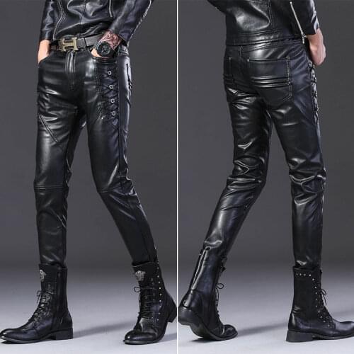 New Autumn Winter Mens Pants Fake Leather Trousers Causal Pencil Slim PU Pant Waterproof Moto&biker Trouser Haircutter pant