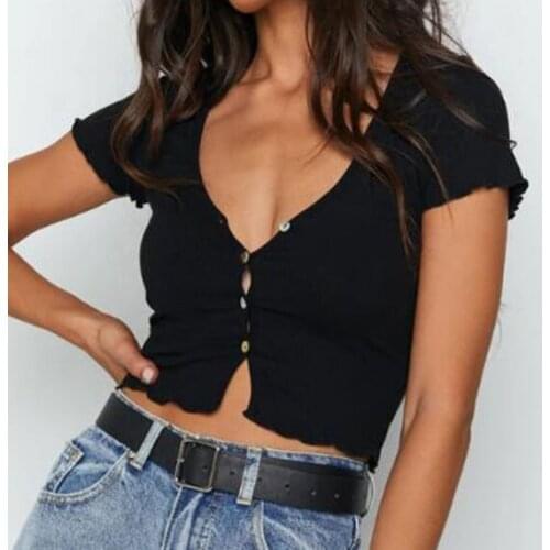Sexy Crop tops Women Ladies Solid Plain Button Tee top V Neck Elastic Split Club Streetwear Slim Fit T Shirt Sexy Clothes Female