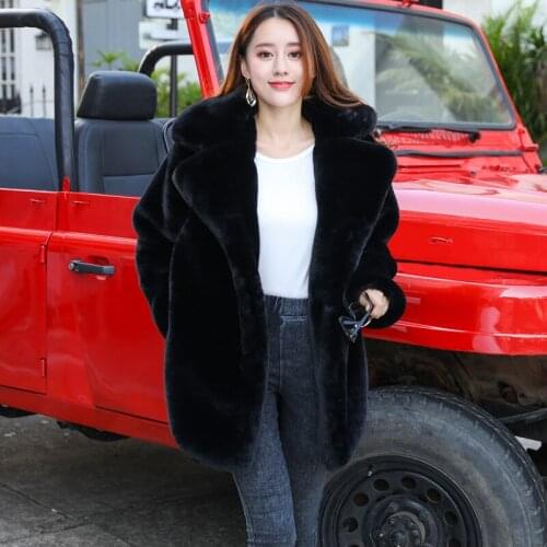 High Quality Women Faux Rabbit Fur Coat Women Winter Thick Warm Turn-Down Collar Midi Luxury Fur Jacket Plus Size Plush Overcoat