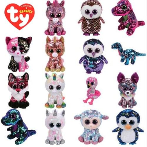 Ty Beanie Sequin Flippables Plush Animal Cat Owl Fox Rabbit Unicorn Flamingo Sheep Dragon Dog Toys 15cm