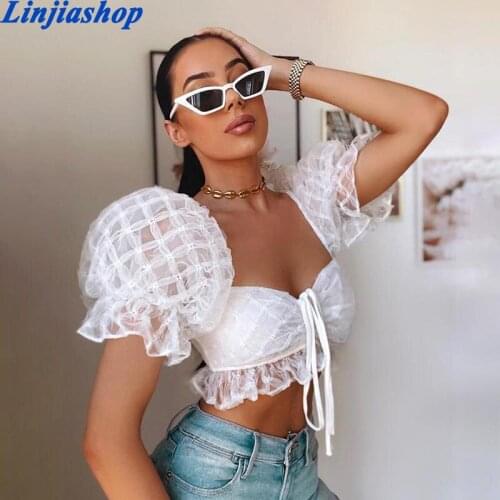 Sweet girl slim crop top female mesh fabric elegant preppy style tshirt casual vacation lace top