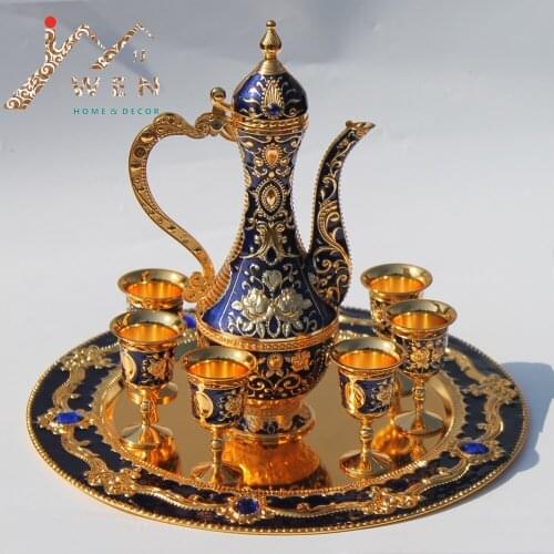 12" Plate Gold & Blue Color Flower Pattern Metal Wine Set Tea Set Fashion Zinc Alloy Wine Set