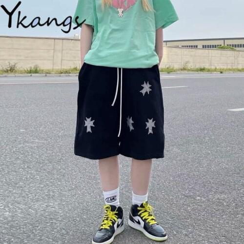 Rhinestone High Waist Graphic Women Fashion Shorts Korean Style Clothes Solid Baggy Summer 2021 Black Running Biker Short Female