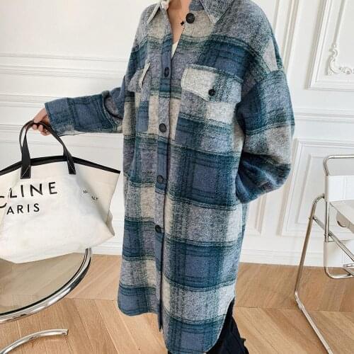 Womens Coat Coat Female Classic Wool Long 2021 Winter New Blue Single-Breasted Check Large Profile Brushed Pocket Wool Felt
