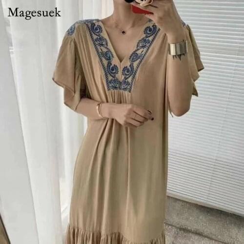 Summer 2021 V-neck Embroidery Blue Over-knee Dress Fashion Lady Flying Sleeve Dress Casual High Waist Loose Dress Vestidos 15730