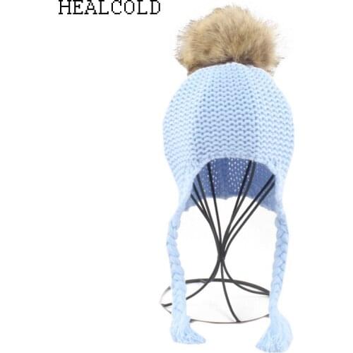 Boys girls winter hat for kid fur pom pom beanie children wool knitted ear protection cap