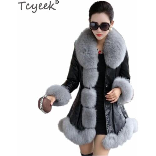 Tcyeek Winter Warm Womens PU Leather Jacket Faux Fox Fur Coat White Plus Size 4XL 5XL 6XL Jaqueta De Couro Feminino Overcoat