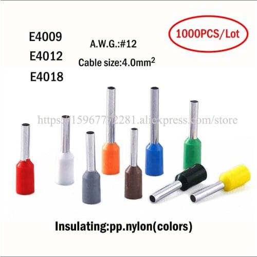 1000PCS Terminal E4009 E4012 E4018 12AWG 4.0mm2 Insulated cord end terminal wire connector Electrical Crimp Terminator