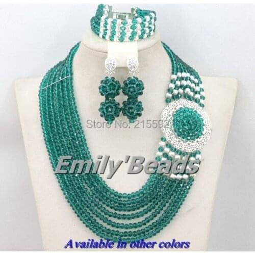 2016 Spring Jewelry Sets 7 Rows Nigerian Wedding Costume African Jewelry Set Teal Blue Crystal Bead Jewelry Free Shipping AEJ290