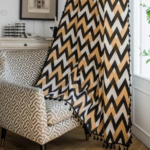 Black Tassel Curtains Bohemian Ripple Printing Kitchen Curtains Semi-Blocked Bedroom Bay Window Curtains Home Decoration