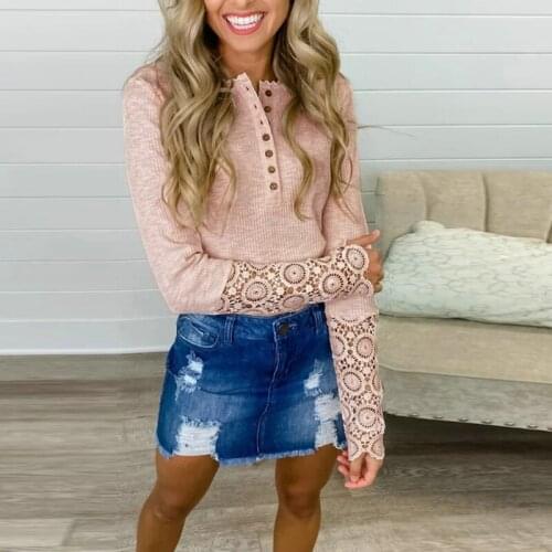 Elegant Women Shirts Autumn Style Lace Hollow Top Long Sleeve Slim Tops Ladies Button Round Neck Clothing Large Size Female 3XL