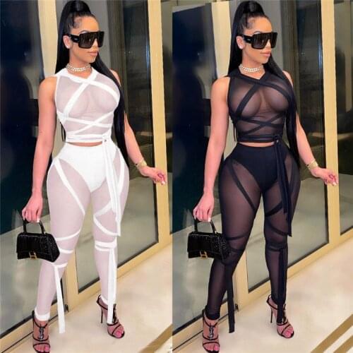 VAZN 2020 Hot Summer Solid Transparent Mesh Fabric Women Sleeveless Casual Bandage Set Tracksuit Sexy Suit 2 Piece Set Lady Sets