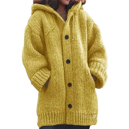 5XL Women sweater Hooded Solid Color Pockets Warm Single-breasted Mid-length Knitted Cardigan Jacket Streetwear свитер женский