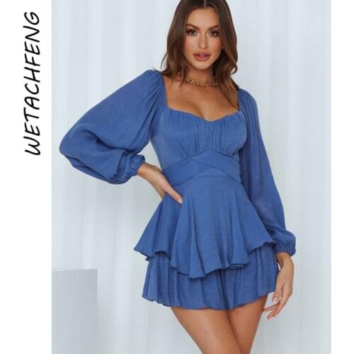 Overalls For Women Sexy Ruffles Long Sleeve Pleat Mini Dress Playsuits Autumn One Piece High Waist Shorts Romper Outfits Clothes