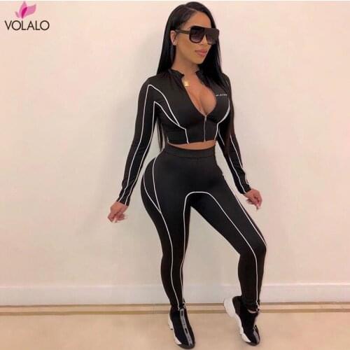 Women Fitness Two Pieces Set Black Long Sleeve Crop Top White Striped Patchwork High Waist Legging Outfit Active Tracksuit