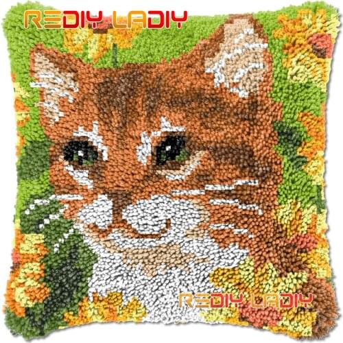Latch Hook Cushion Kitten in Flowers DIY Needlepoint Kits Chunky Acrylic Yarn Arts Crocheting Lofty Pillow Case Hobby & Crafts