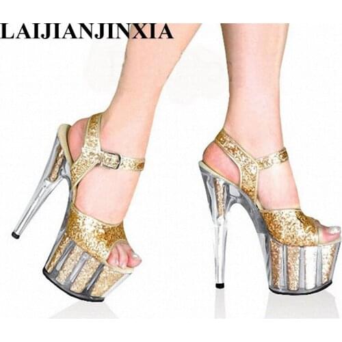 LAIJIANJINXIA New Gold Crystal Glitter Sandals 15cm Ultra High Heels Platform Fashion Dance Shoes Gorgeous 6 Inch Crystal Shoes