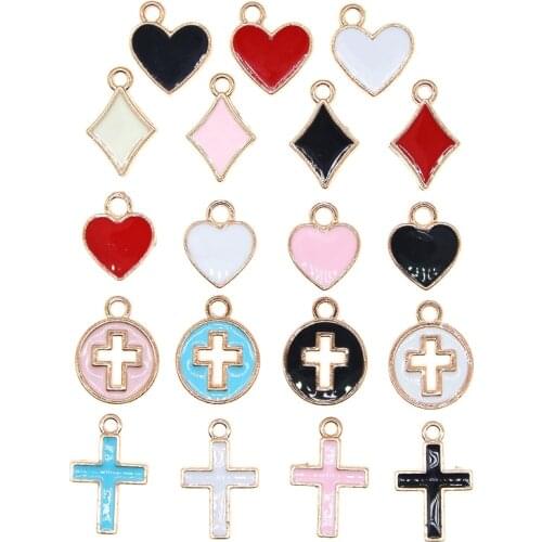 20pcs/lot 11*16mm Cute Poker Enamel Mini Geometry Charms Heart Cube Cross Round Card Pendant For DIY Jewelry Making Findings