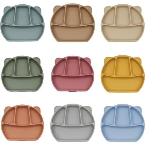 Baby Suction Cup Bowl Divided Dinner Plate Infants Learning Feeding Dish Non-toxic BPA-Free Silicone Solid Color Cute Cartoon