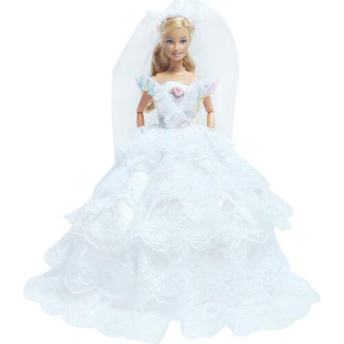 Fashion White Dress Wedding Party Gown With Veil Flower Pattern Bride Clothes for Barbie Doll Accessories Baby Girl DIY Toys