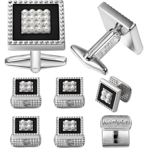 HAWSON Fashion Square Cufflink and Studs Set for Men Elegant Jewelry Cuff Button Inlaied Pearl Best Gifts with HAWSON LOGO