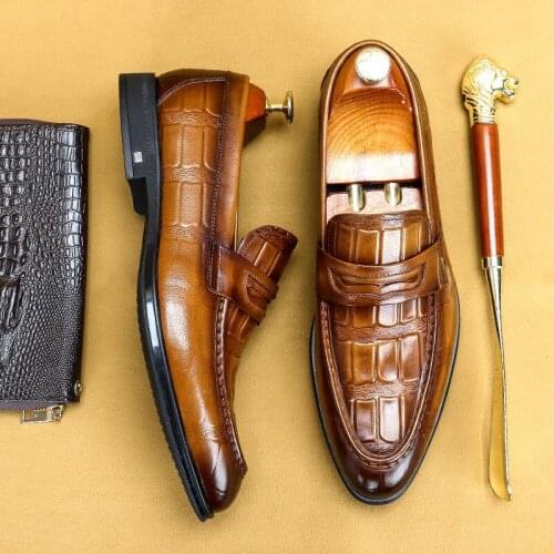 Men Oxford Genuine Dress Shoes Brogue Genuine Leather Brand Casual Shoe Wedding Business Pointed Toe Black Khaki Formal Shoe