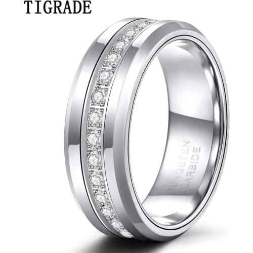 Tigrade 8mm Mens Tungsten Wedding Bands with Cubic Zirconia Trendy Eternity Ring Unisex CZ Inlaid High Polish Size 7-13
