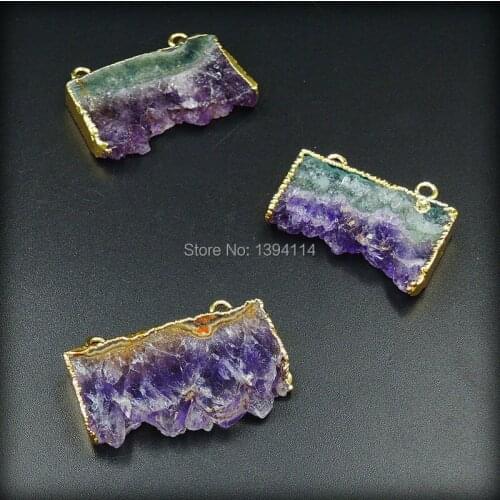 Natural Purple Quartz Crystal Cluster Slice Double Circle Pendant Of Gold Cladding 35-40mm Long