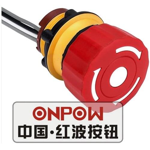 ONPOW 22mm 1NO1NC Push-lock Turn reset Latching Self Lock Switch with wires Emergency Stop Button (LAS1-A22Y-TSB/L) CE,RoHS