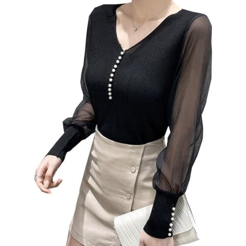 Autumn New Womens Clothes Lace Stitching Long-sleeved Ice Silk Knit Sweater Slim T-shirt Vintage Elegant V-neck Puff Sleeve Top