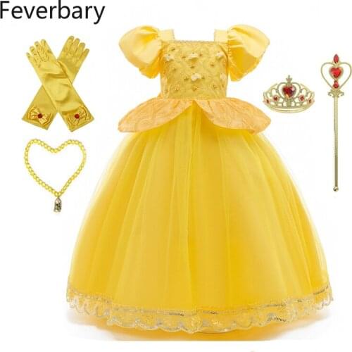 Feverbary Beauty and The Beast Belle Princess Dress Halloween Birthday Party Girls Show Costume Crown Scepter Accessories