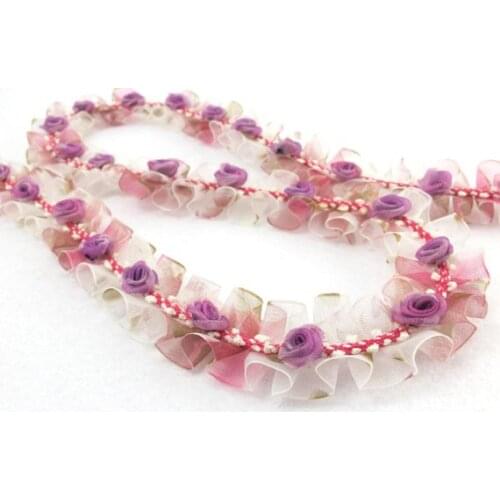 Pleated Trim|w Rococo Flower Trim|1 1/8 Inches Pleated Ombre Printed Chiffon Trim|Organza Chiffon Trim|Retro Handmade Supplies