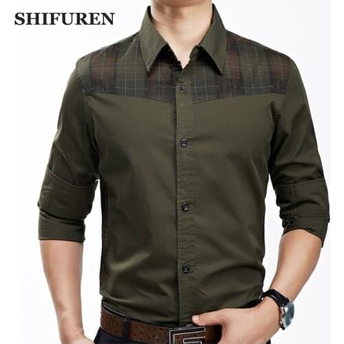 SHIFUREN 2017 Autumn New Causal Shirts Men Long Sleeve Turn-down Collar 100% Pure Cotton Solid Dress Shirts Single Breasted